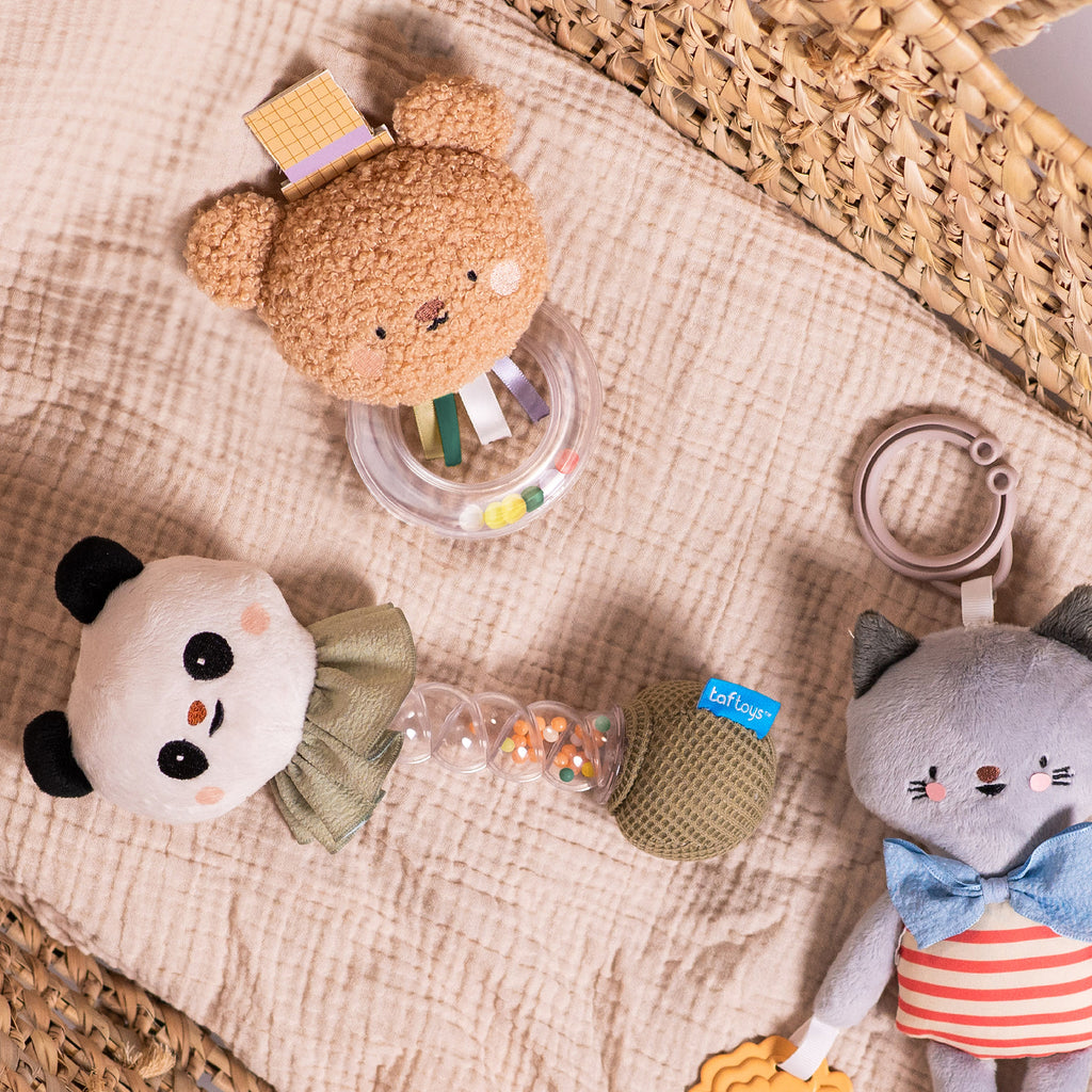 Clara la gattina – Peluche sensoriale con sonaglio e massaggiagengive | Taf Toys